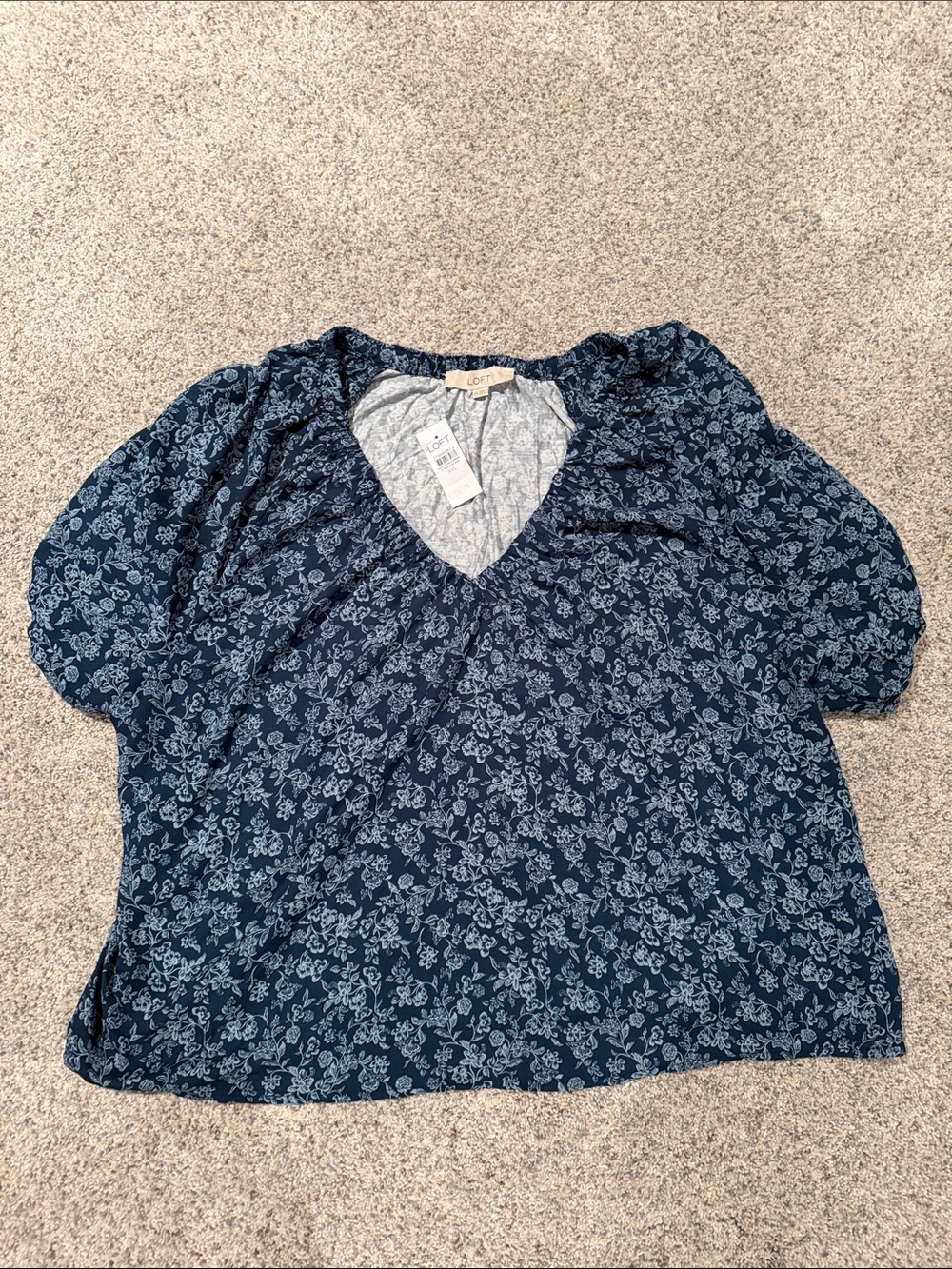 LOFT Navy Floral V-Neck Short Sleeve Blouse